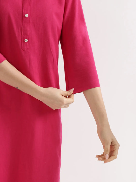 Women Hot Pink Airy Linen Long Kurta & White Viscose Palazzo Pant Set