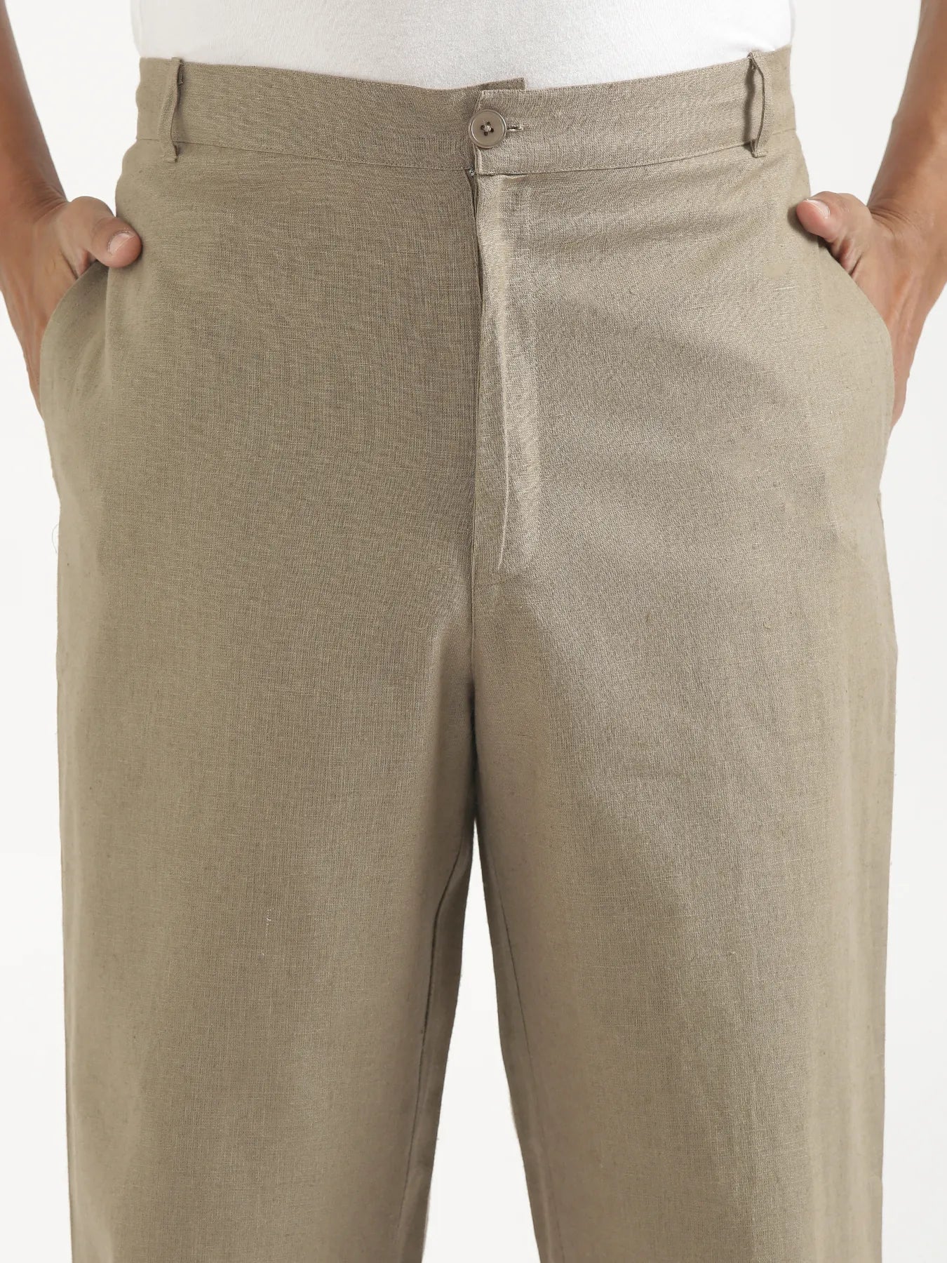 Men Khakhi Linen Blend Straight Pant