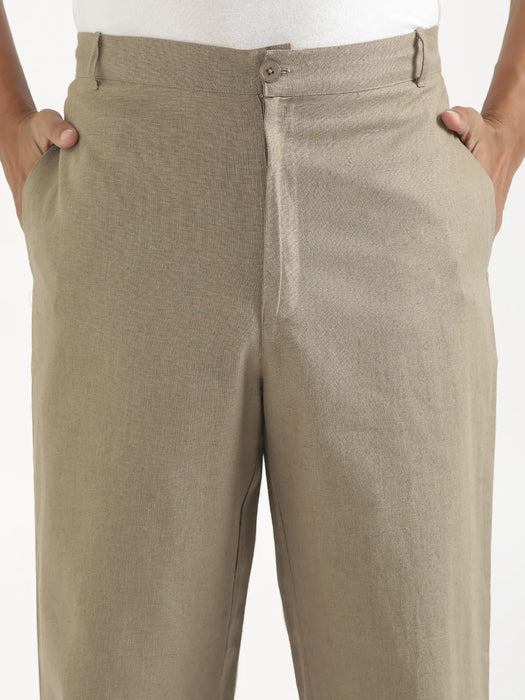 Men Khakhi Linen Blend Straight Pant