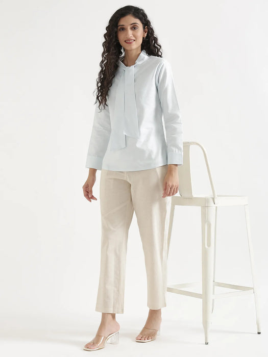 Women Powder Blue Linen Blend Knot Blouse