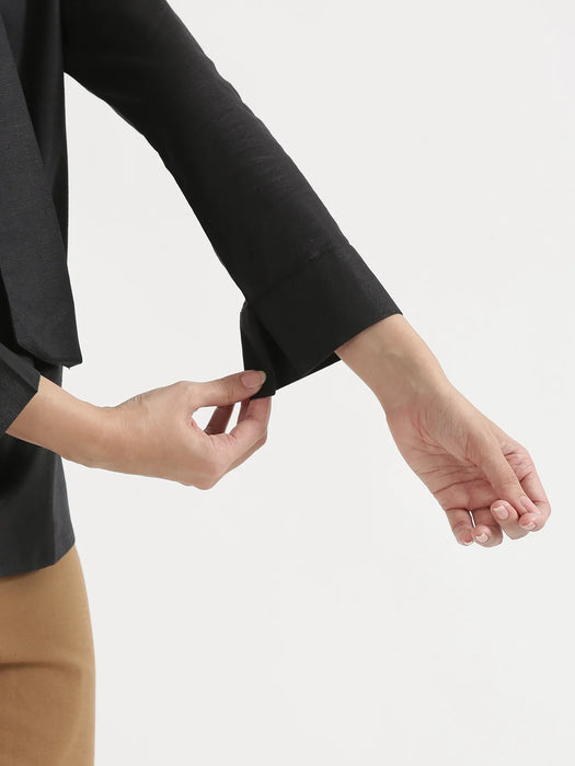 Women Black Linen Blend Knot Blouse