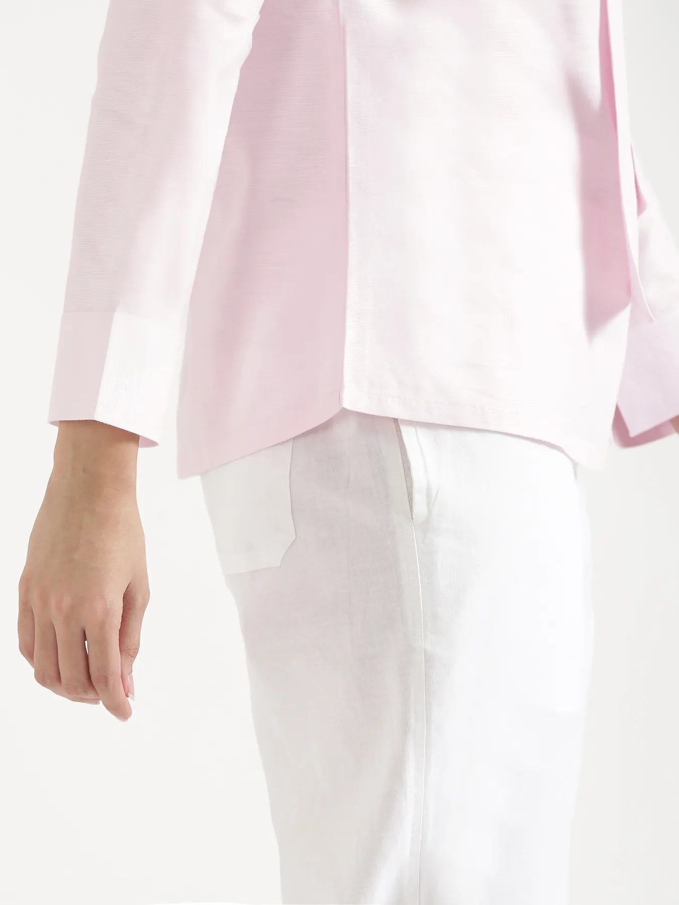 Women Blush Pink Linen Blend Knot Blouse & White Airy Linen Straight Pants Pant Set