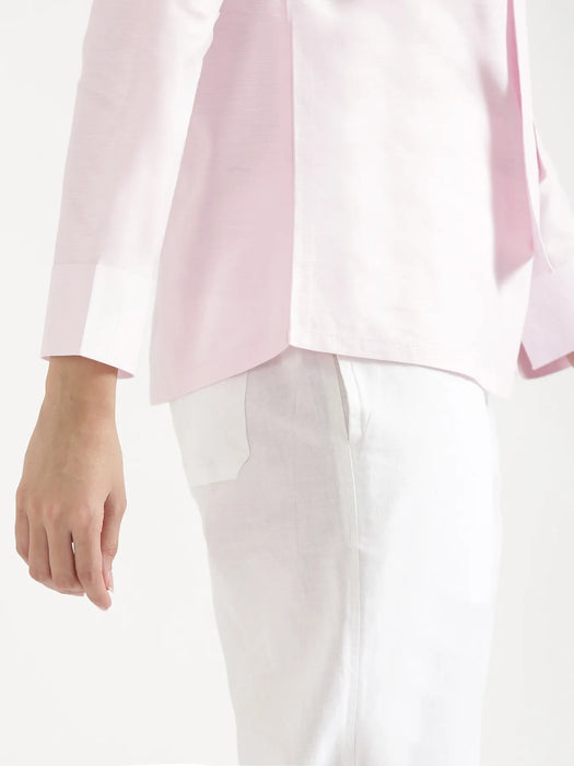 Women Blush Pink Linen Blend Knot Blouse & White Airy Linen Straight Pants Pant Set