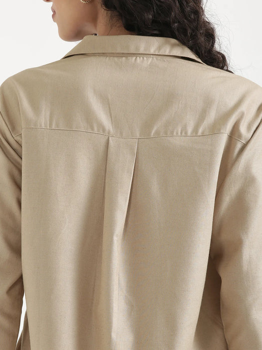 Women Taupe Linen Blend Pleated Top