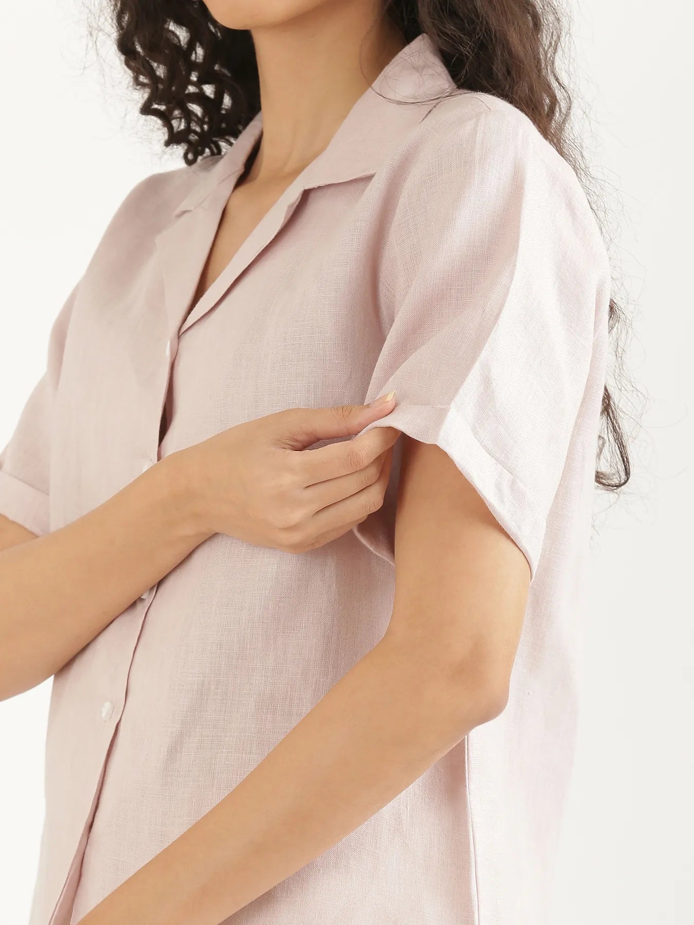 Women Light Pink Pure Linen Notch Collar Shirt