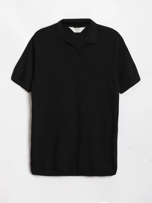 Men Black Flat Knit Collared T-shirt