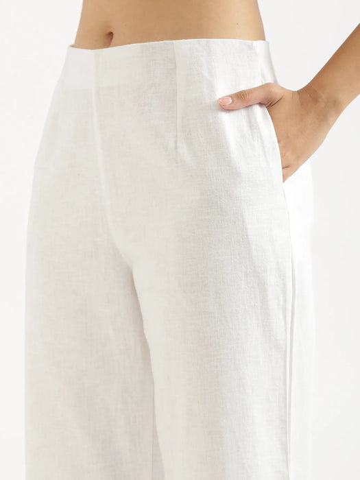 Women White Linen Blend Wide Leg Pant