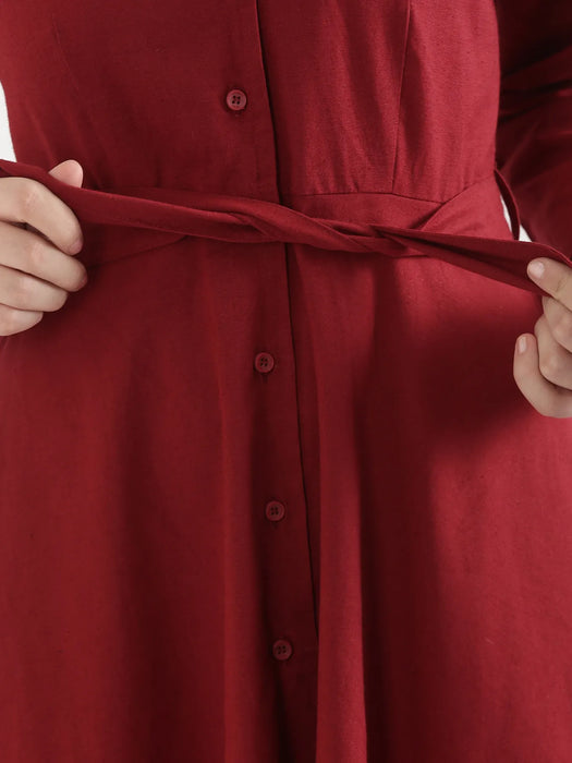 Women Maroon Airy Linen Flared Dress