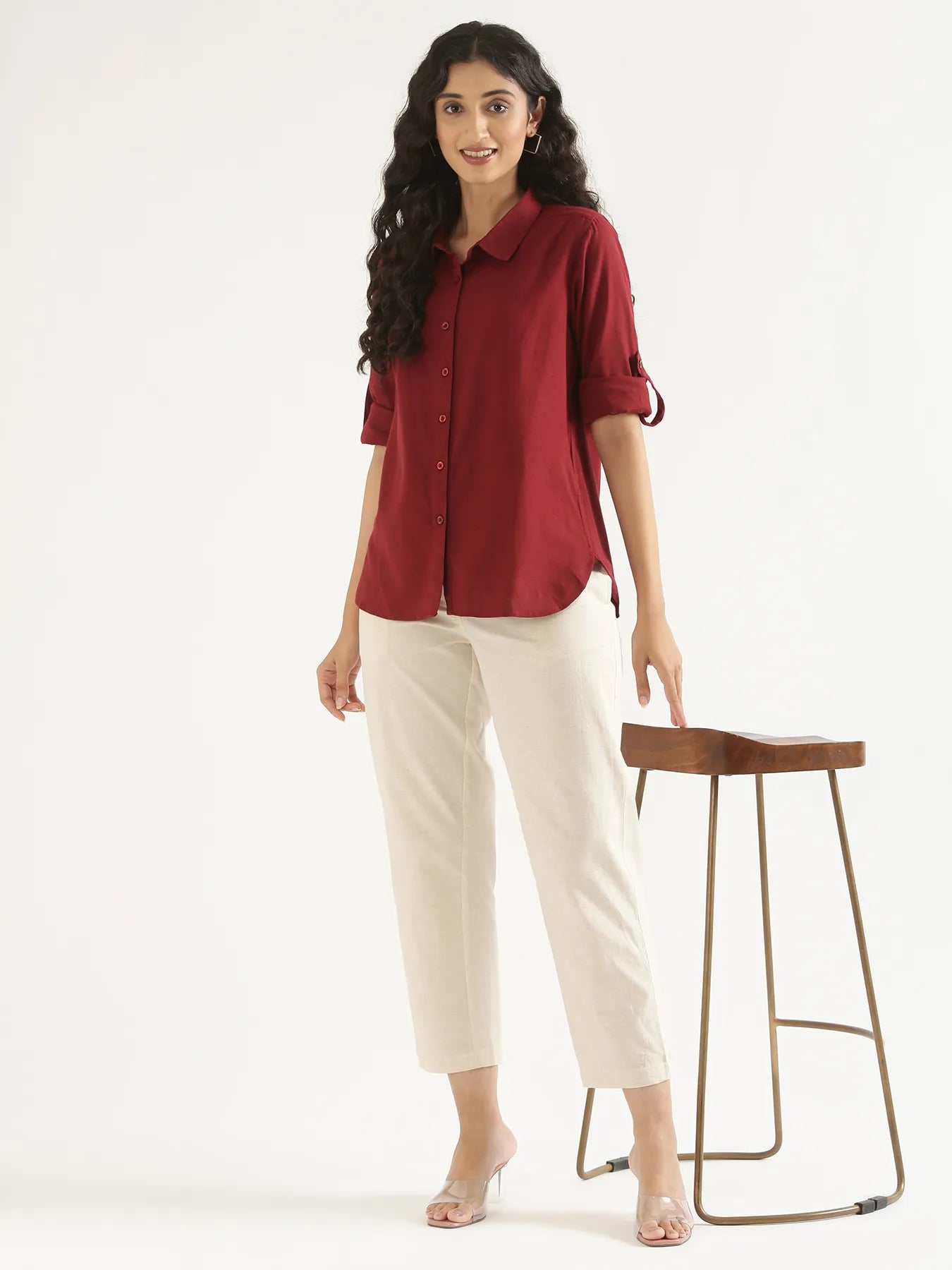 Women Maroon Airy-Linen Shirt