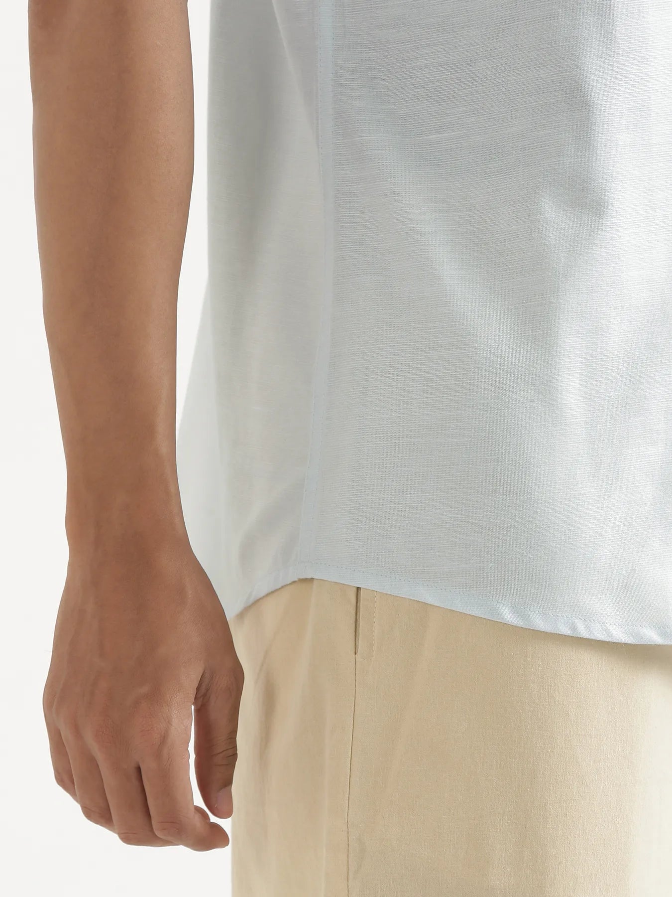 Men Powder Blue Linen Blend Short Sleeve Shirt & Beige Cotton Pant Set