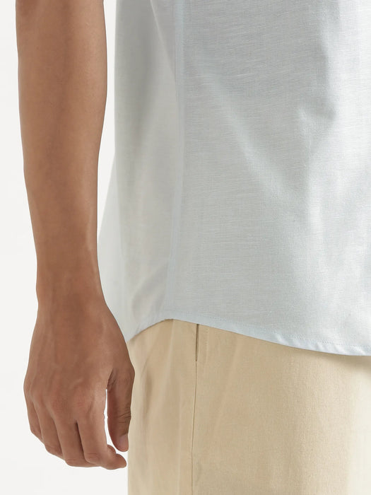 Men Powder Blue Linen Blend Short Sleeve Shirt & Beige Cotton Pant Set
