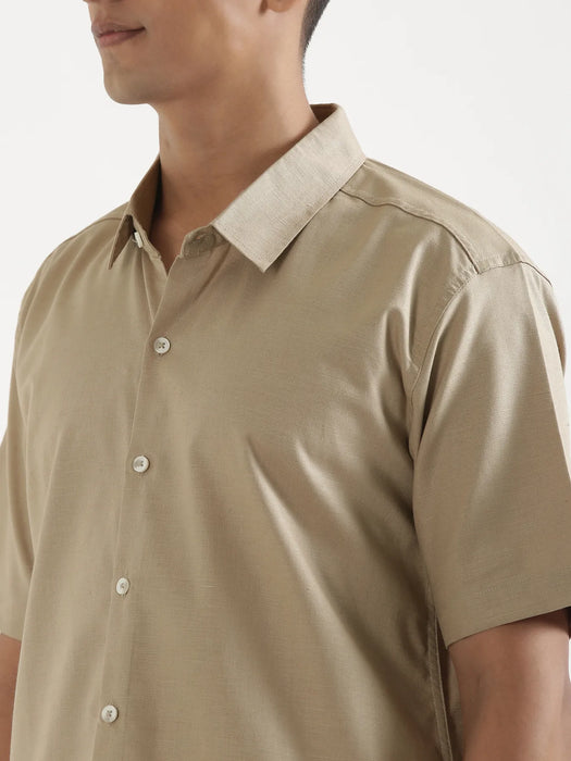 Men Taupe Linen Blend Short Sleeve Shirt & Beige Cotton Pant Set