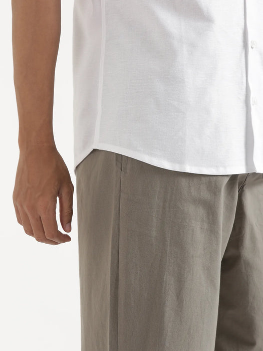 Men White Linen Blend Short Sleeve Shirt
