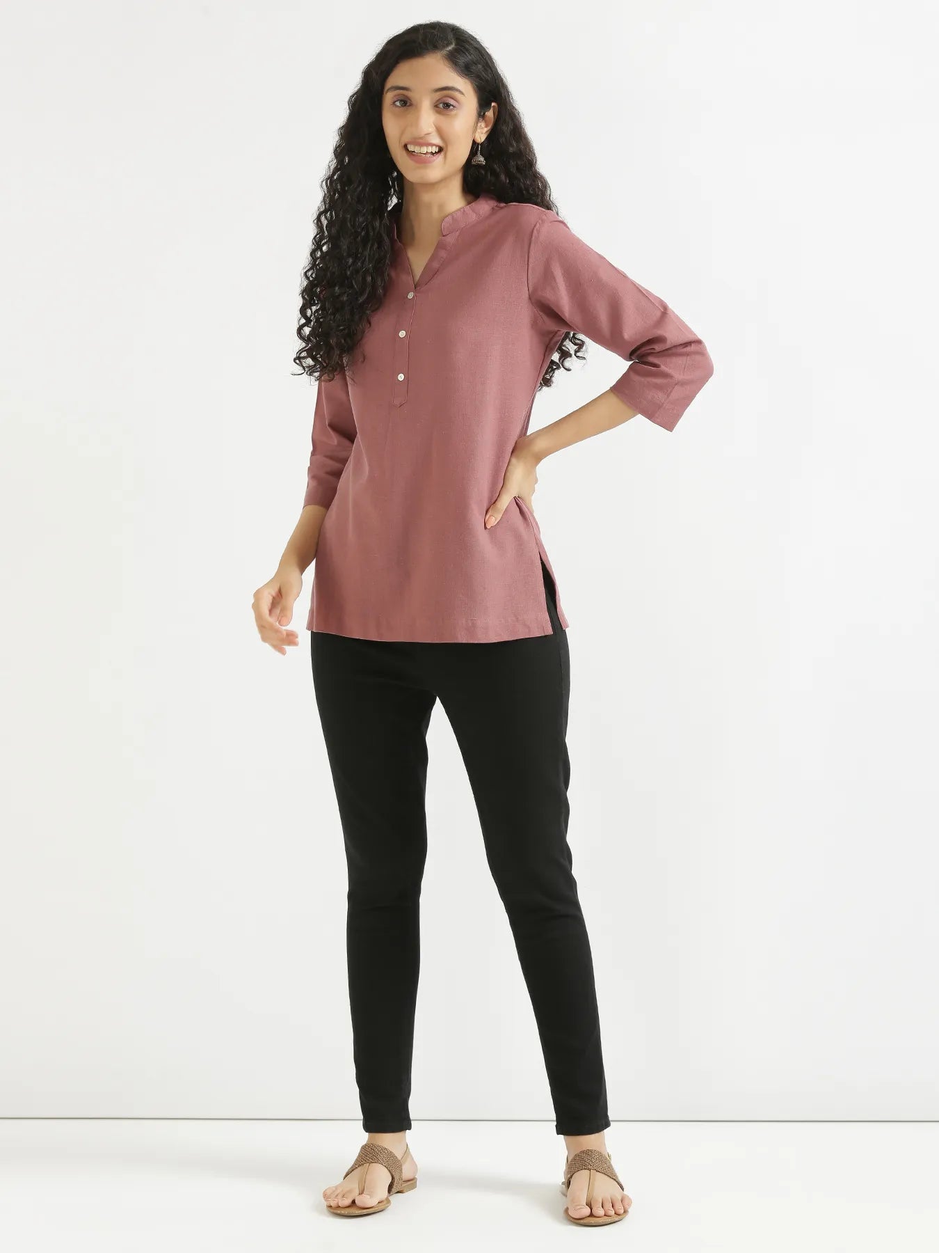 Women Rose Taupe Airy Linen Short Kurta