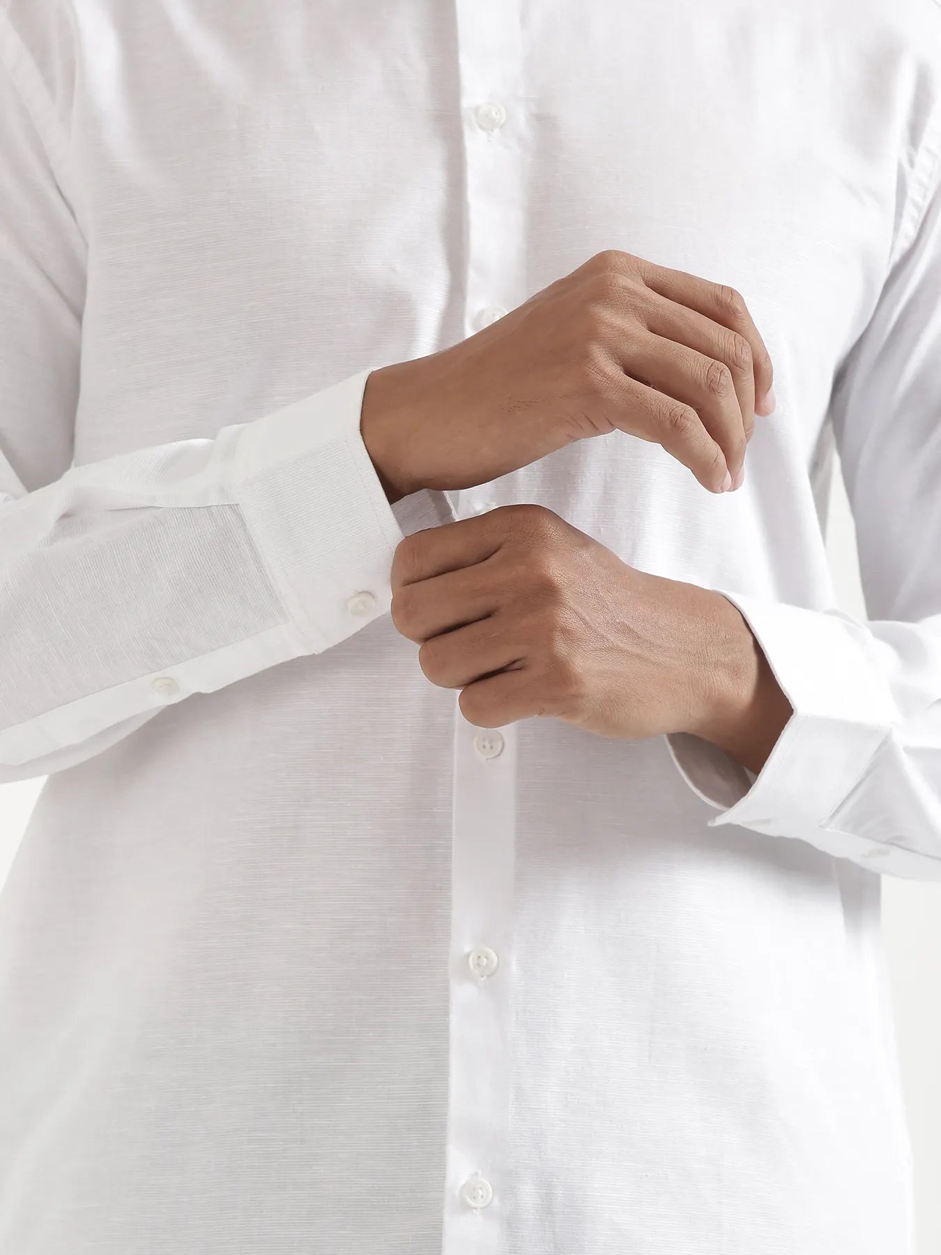 Men White Linen Blend Mandarin Collar Shirt