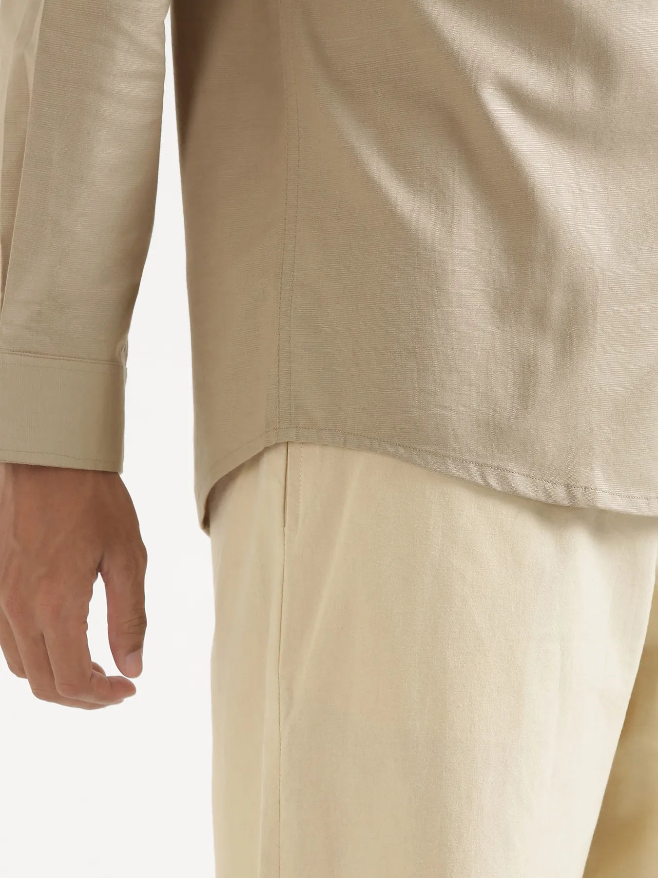 Men Taupe Linen Blend Mandarin Collar Shirt