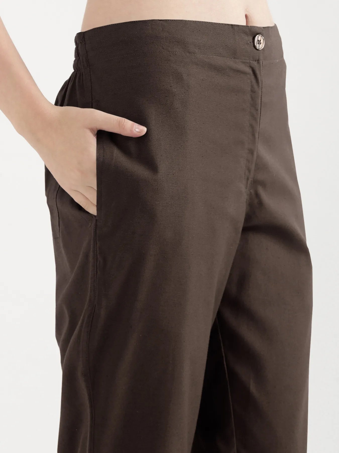 Women Dark Brown Airy Linen Straight Pants
