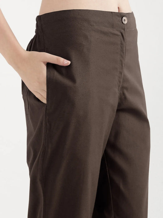 Women Dark Brown Airy Linen Straight Pants