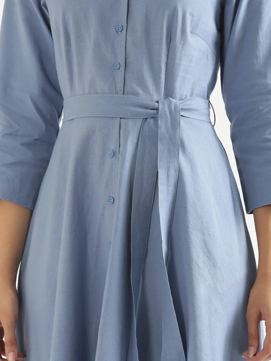 Women English Blue Airy Linen Flared Dress