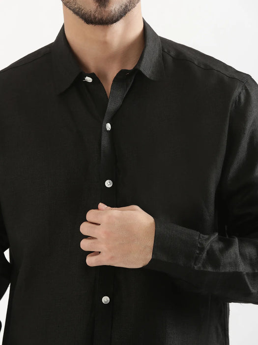 Men Black 100% Full Sleeve Linen Shirt