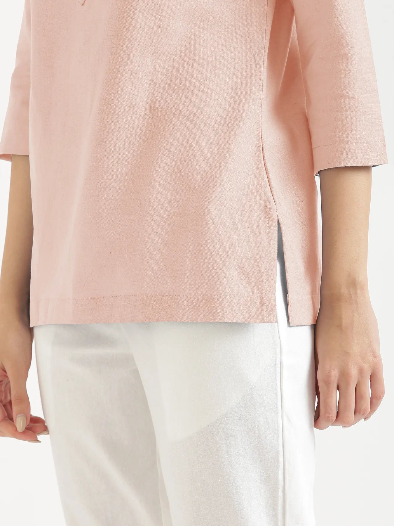 Women Salmon Pink Airy Linen Short Kurta