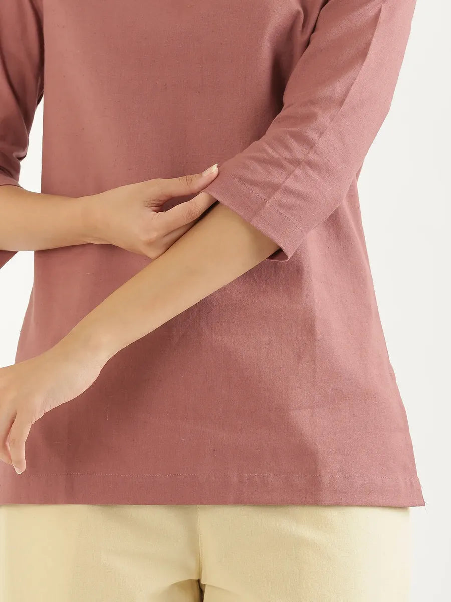 Women Rose Taupe Airy Linen Split Neck Short Kurta