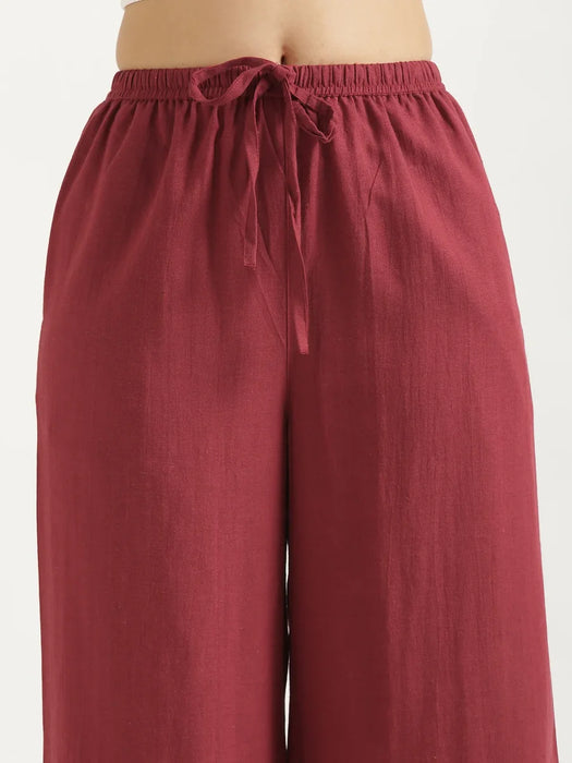 Women Maroon Flowy Linen Wide Leg Pants