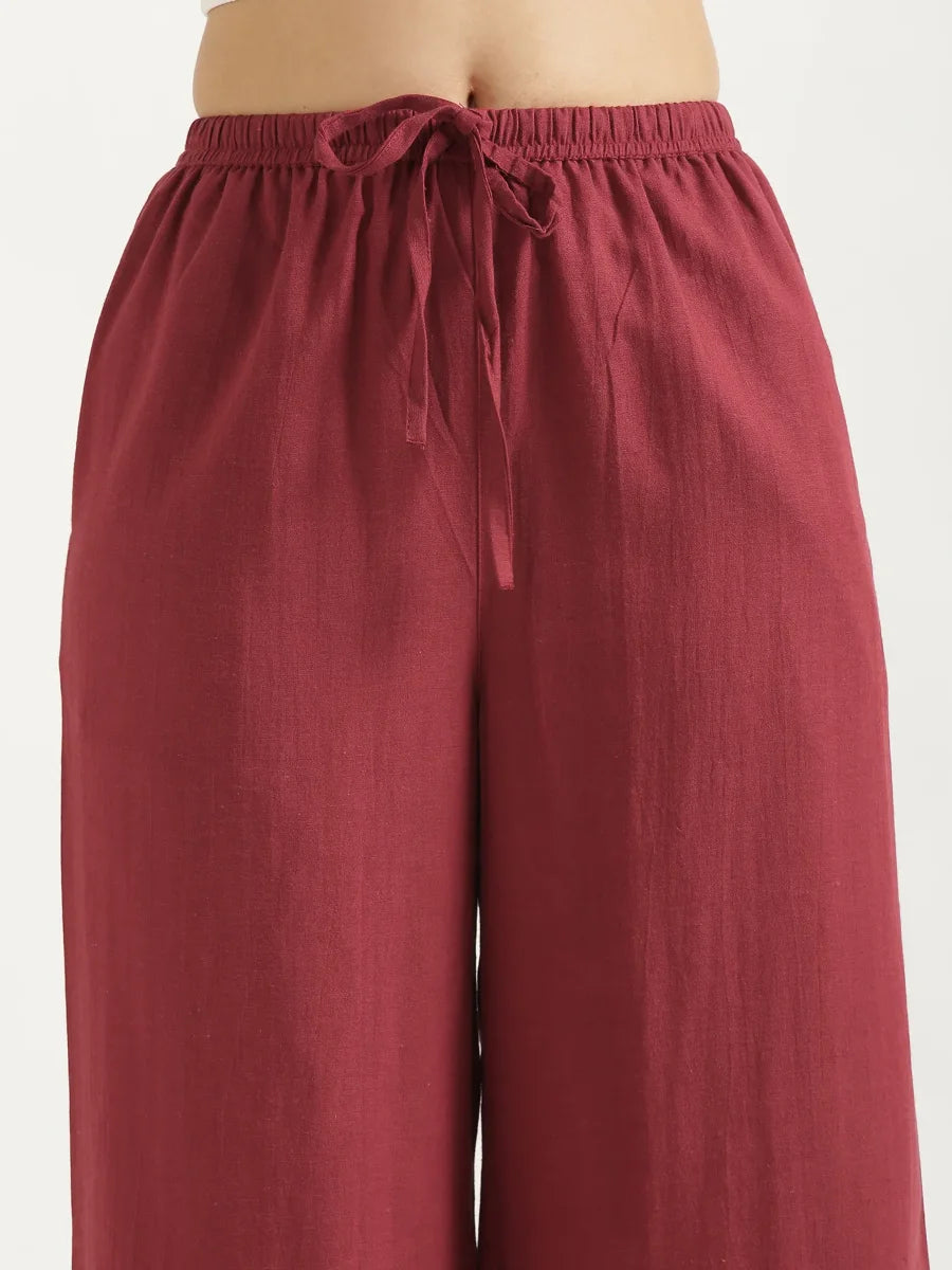 Women Maroon Flowy Linen Wide Leg Pants