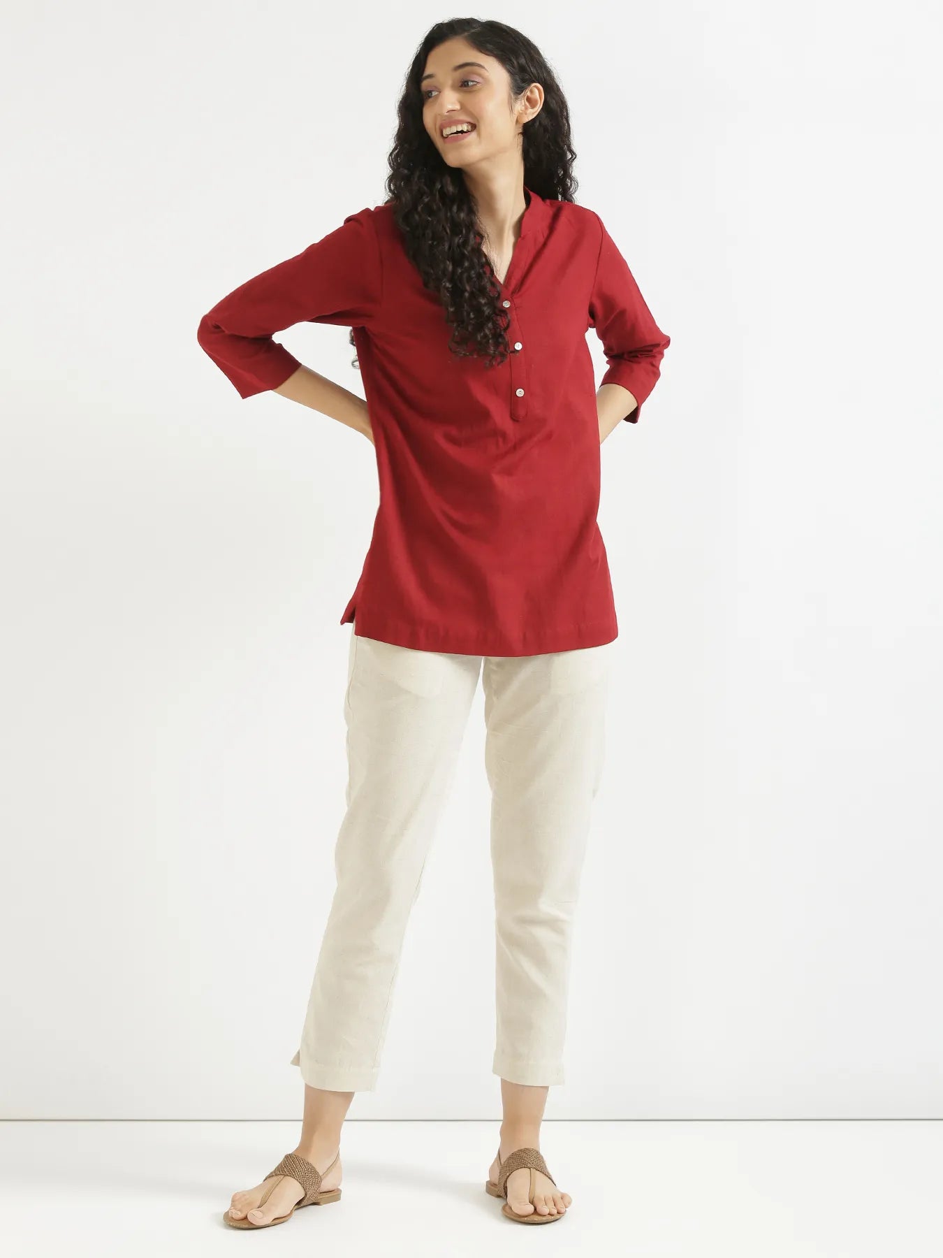 Women Maroon Airy Linen Short Kurta