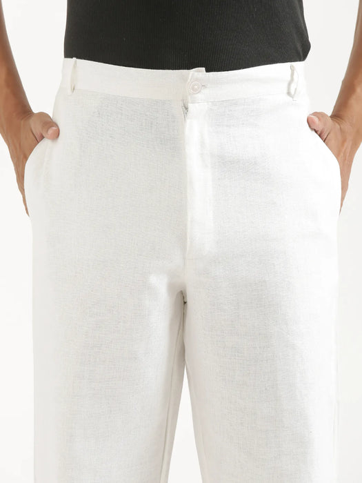 Men White Linen Blend Straight Pant