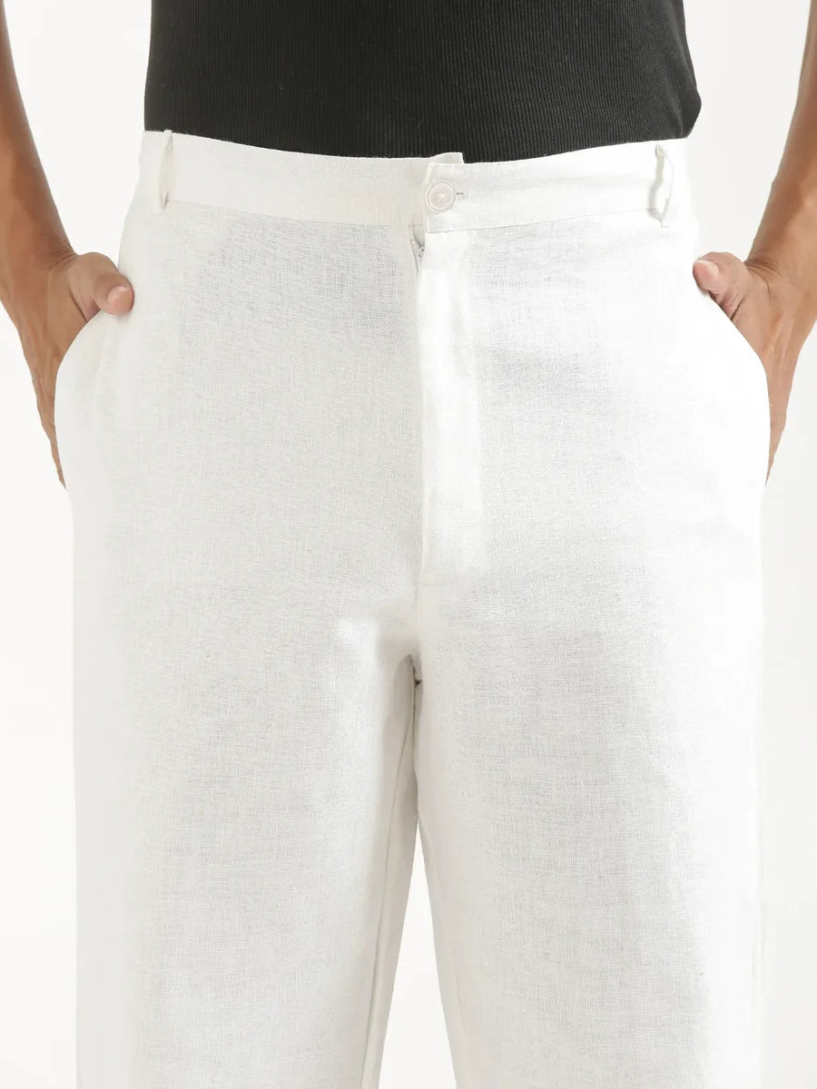 Men White Linen Blend Pant & Light Pink Pure Linen Short Sleeve Shirt