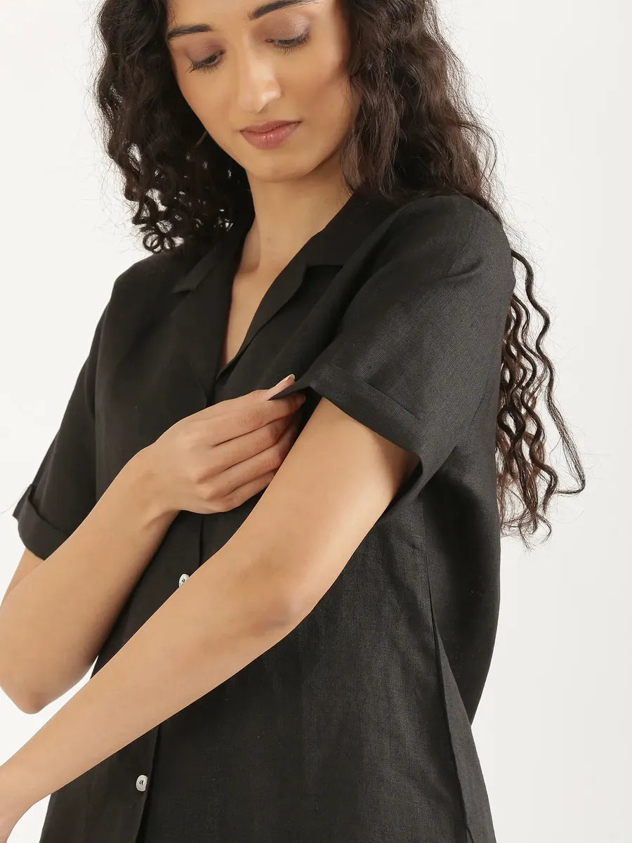 Women Black Pure Linen Notch Collar Shirt