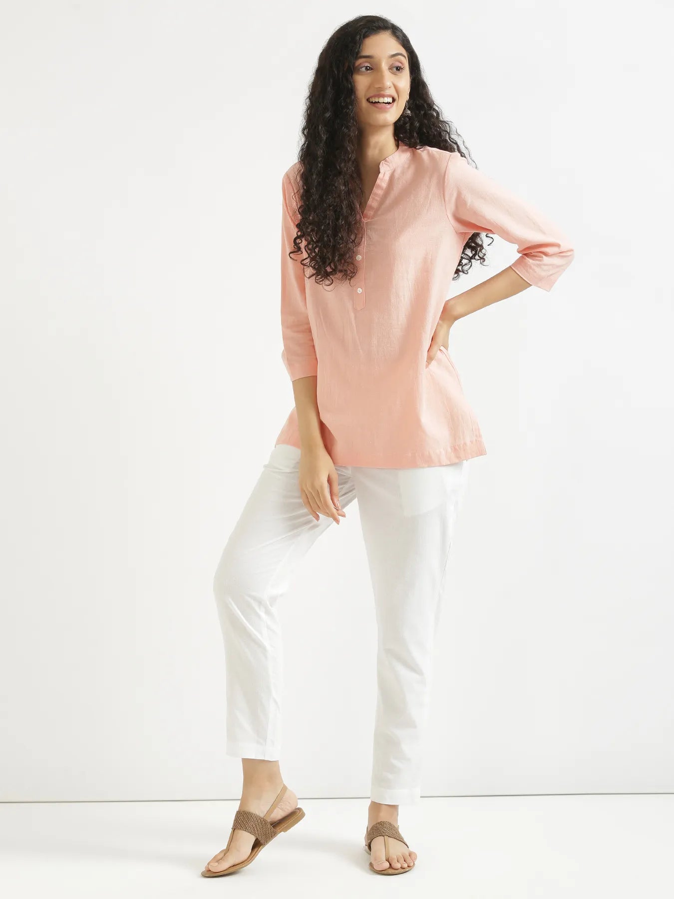 Women Peach Airy Linen Short Kurta