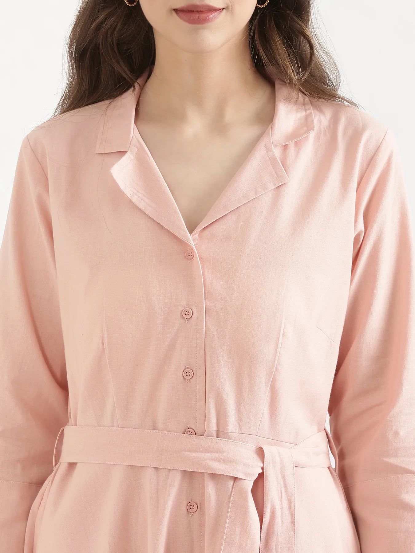 Women Salmon Pink Airy Linen Flared Dress