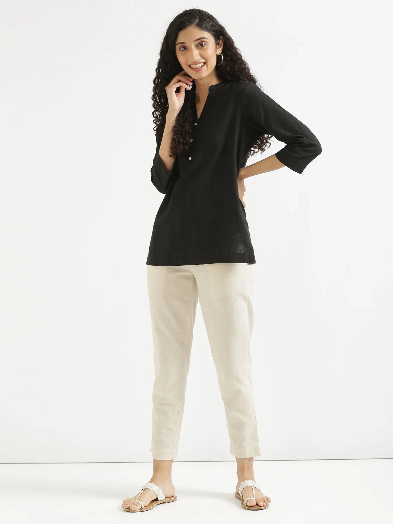 Women Black Airy Linen Short Kurta