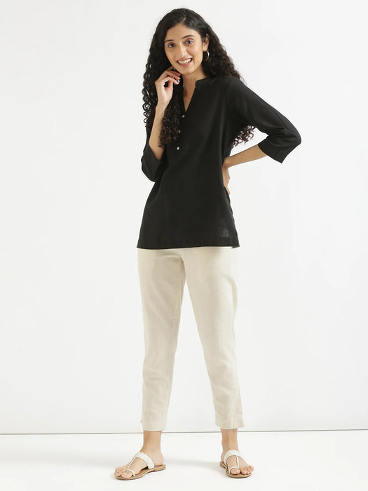 Women Black Airy Linen Short Kurta