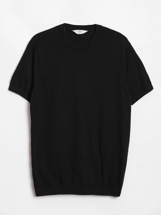 Men Black Flat Knit Round Neck T-shirt