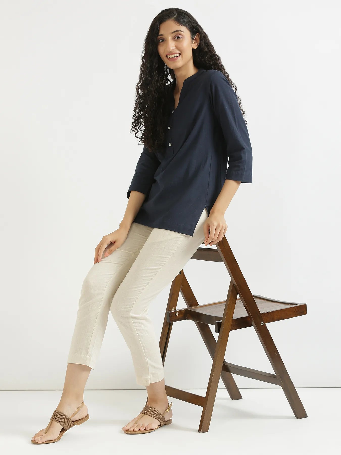 Women Navy Blue Airy Linen Short Kurta