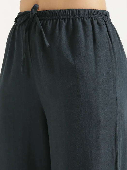 Women Navy Blue Flowy Linen Pant Set