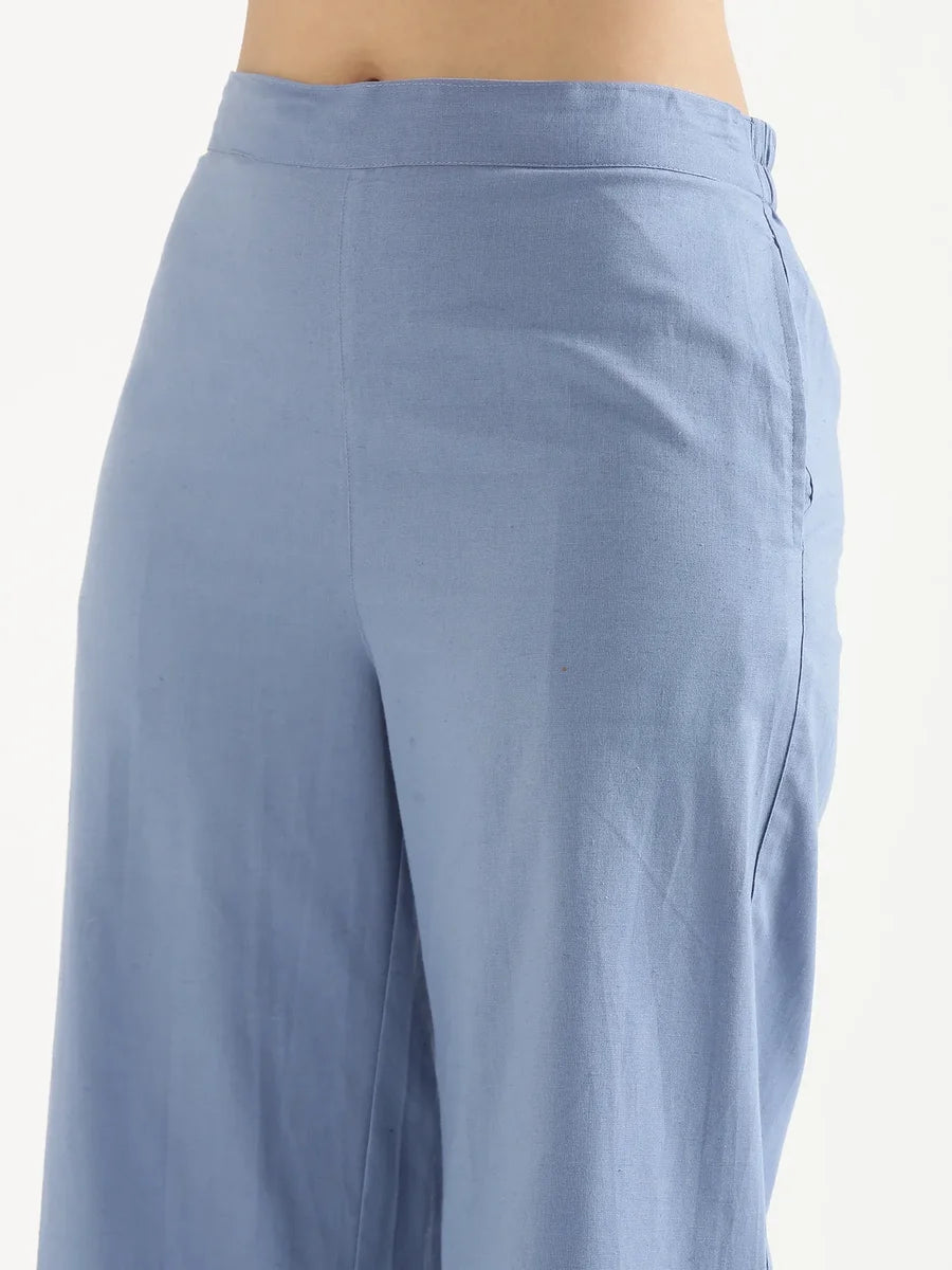 Women English Blue Airy Linen Wide Leg Pant