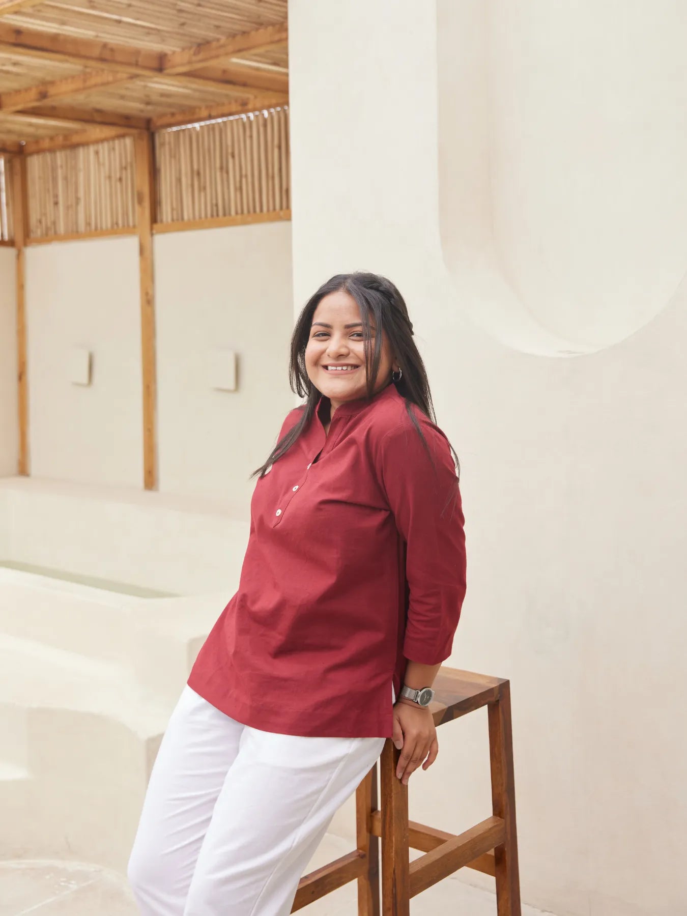 Maroon Short Kurta with White Cotton Pant