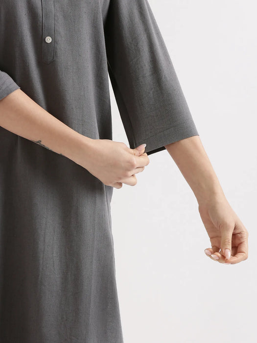 Women Slate Grey Airy Linen Long Kurta & Rose Viscose Palazzo Pant Set