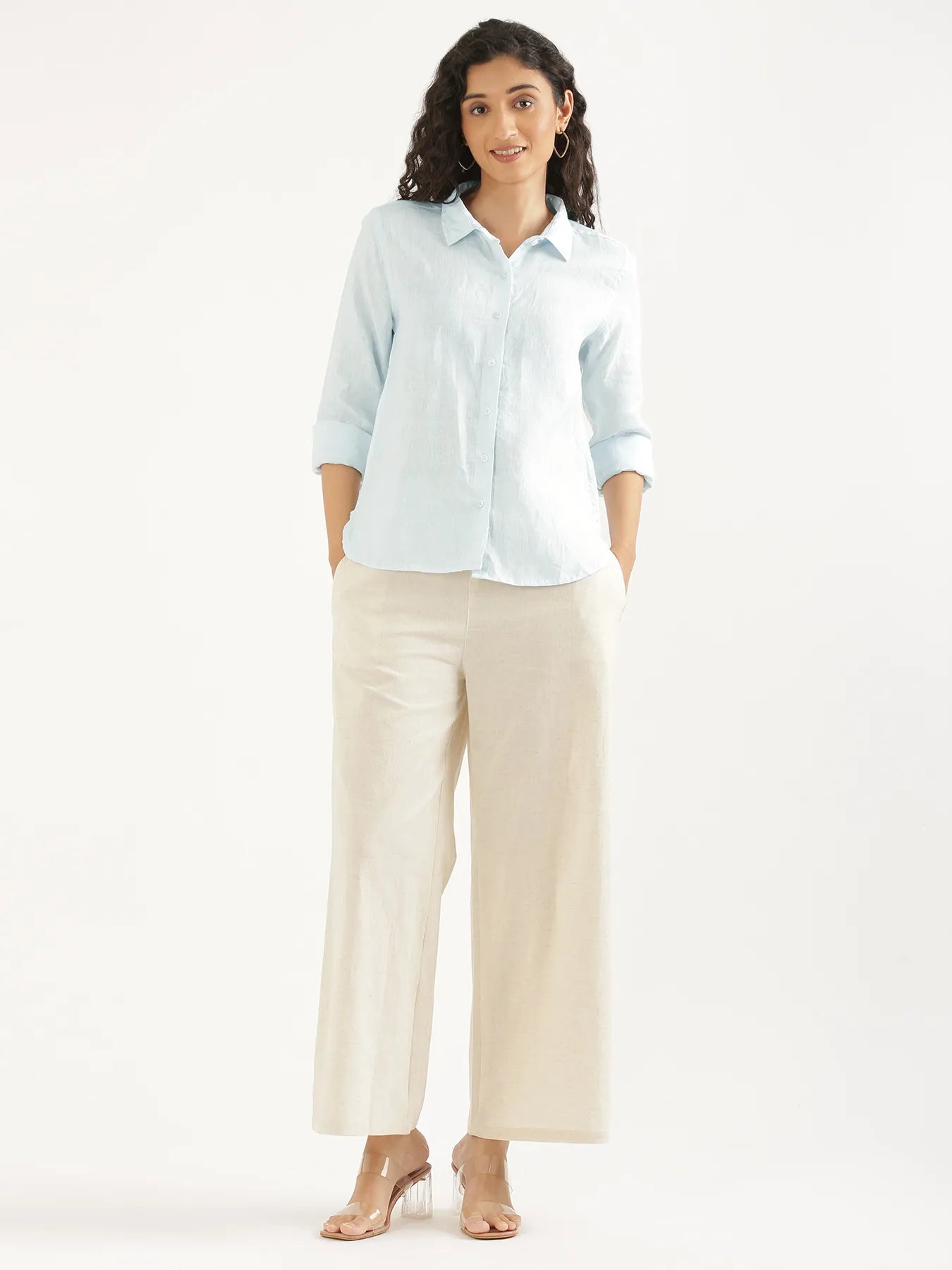 Women Light Blue Pure Linen Shirt