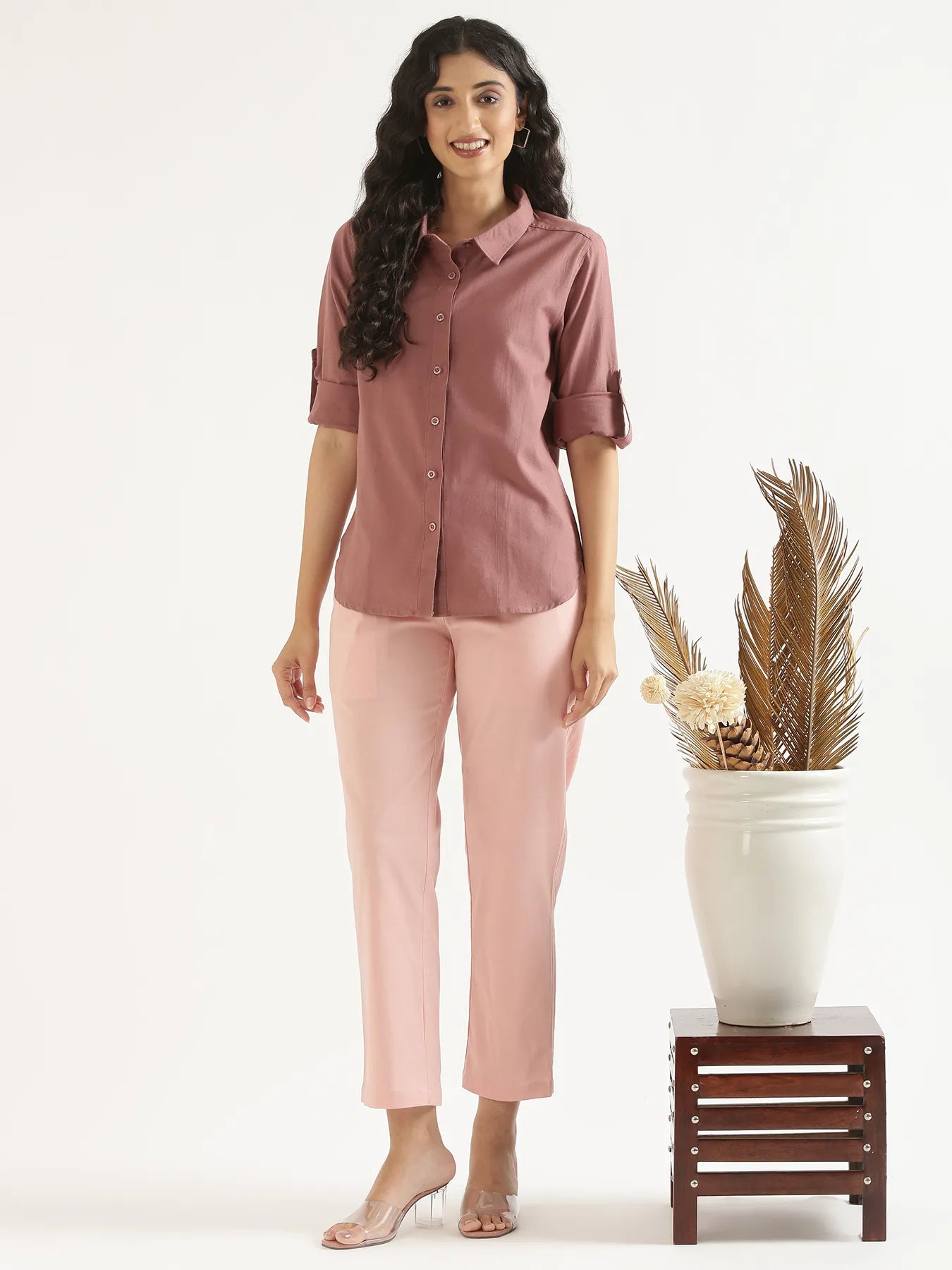 Women Rose Taupe Airy-Linen Shirt