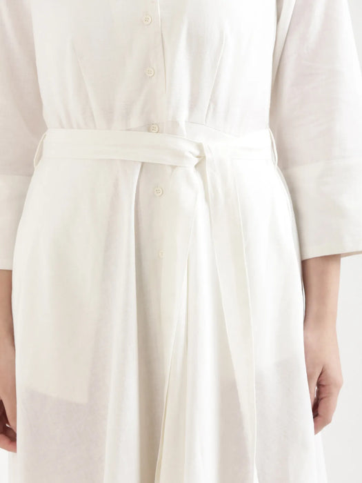 Women Ecru & White Airy Linen Flared Dress