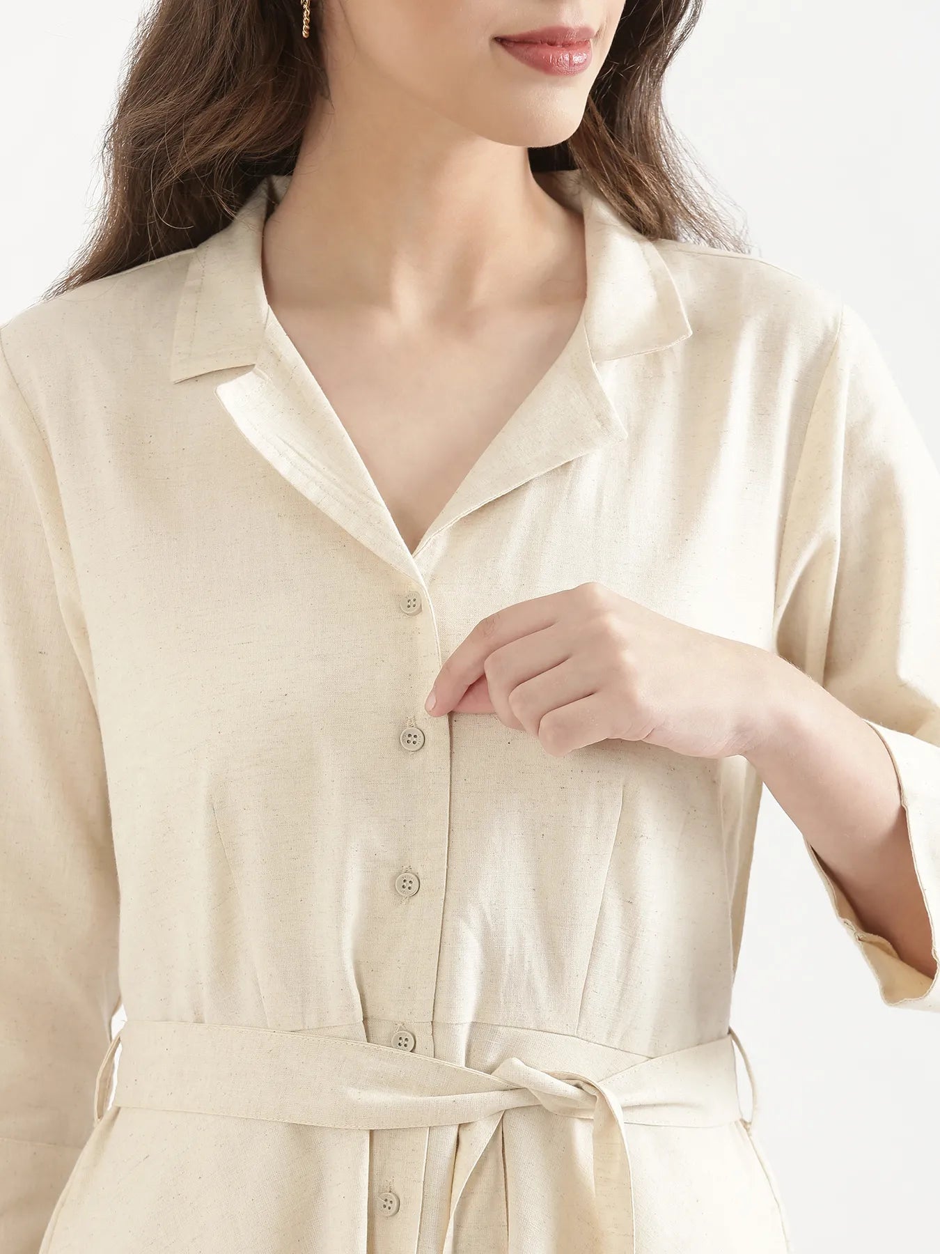 Women Ecru Airy Linen Flared Dress