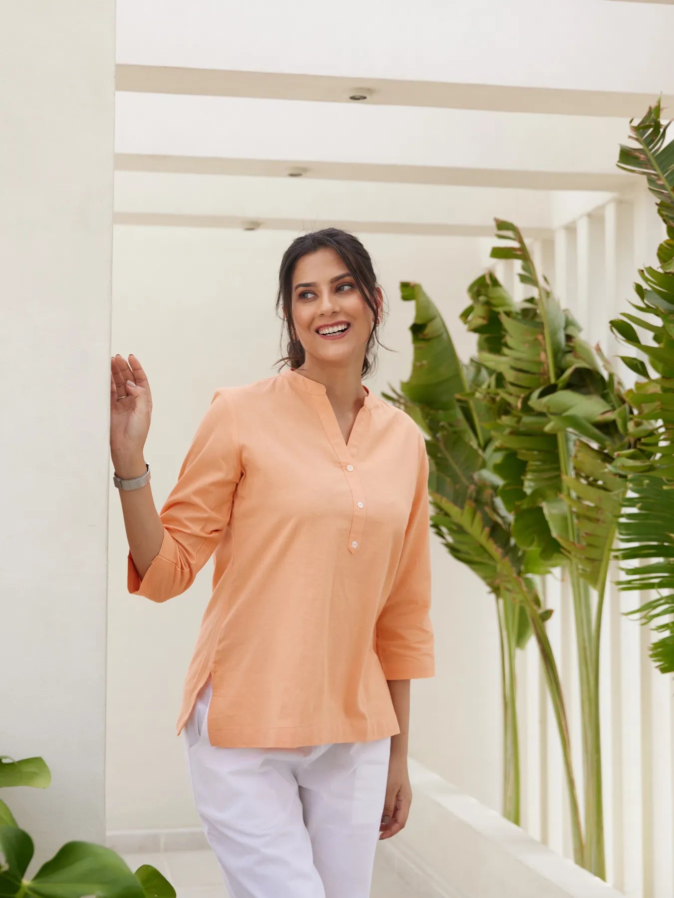 Peach Short Kurta with White Cotton Pant