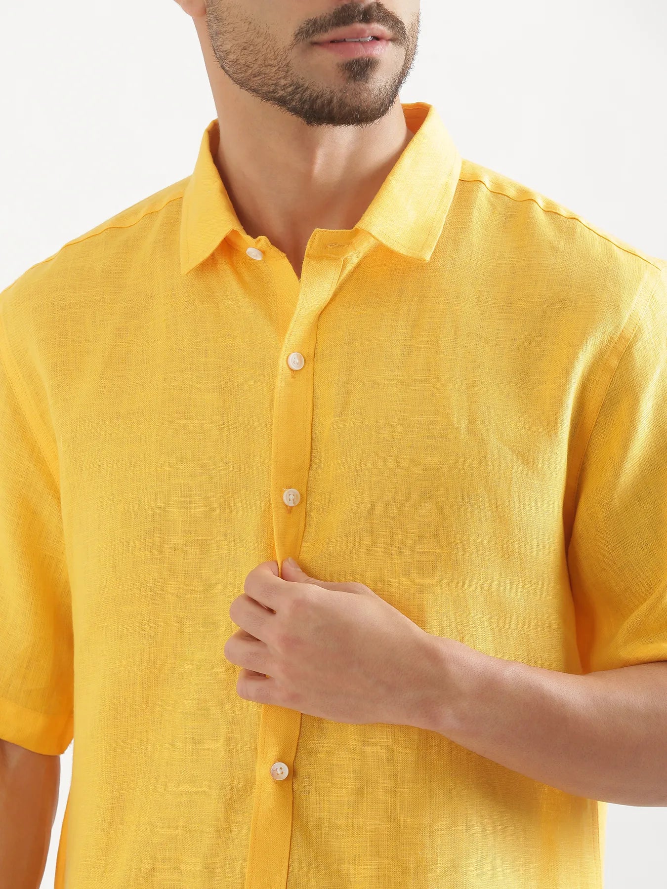 Men Mango Yellow 100% Linen Half Sleeve Shirt