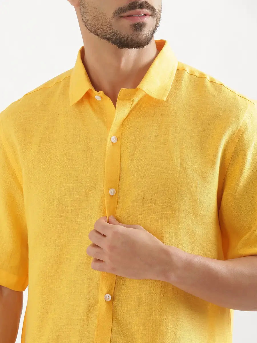 Men Mango Yellow Pure Linen Short Sleeve Shirt