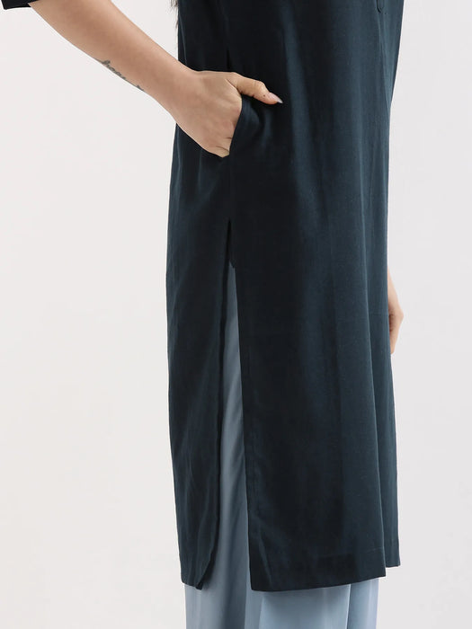 Women Navy Blue Airy Linen Long Kurta & English Blue Viscose Palazzo Pant Set